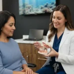 Dentista explicando a una paciente la diferencia entre una limpieza dental y una limpieza profunda