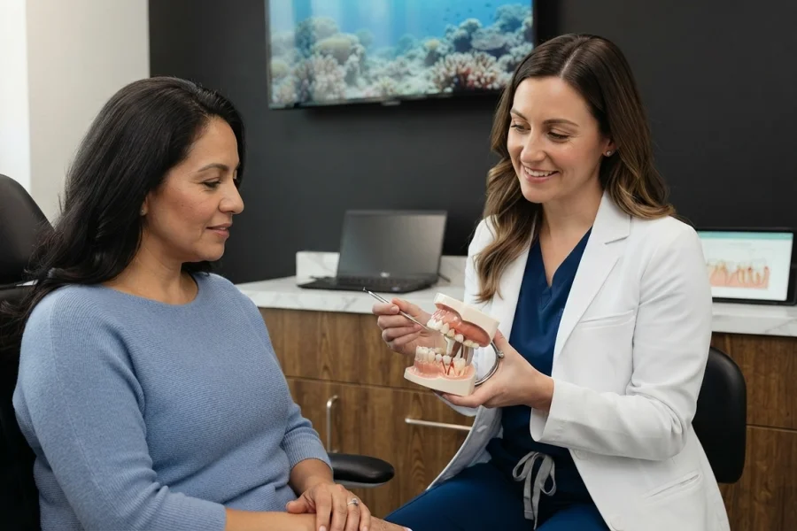 Dentista explicando a una paciente la diferencia entre una limpieza dental y una limpieza profunda