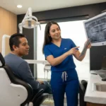 Dentista evaluando un diente de un paciente antes de realizar una endodoncia