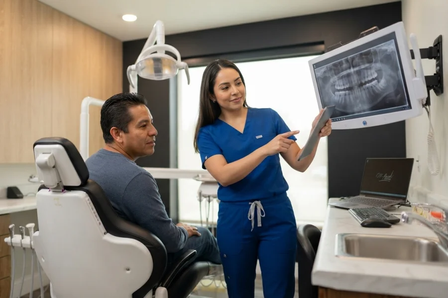 Dentista evaluando un diente de un paciente antes de realizar una endodoncia