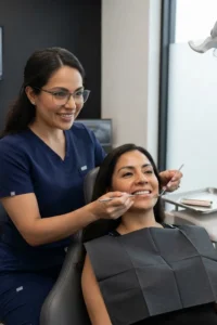 Dentista examinando las carillas dentales de una paciente