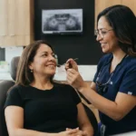 Dentista examinando las carillas dentales de una paciente antes de su reemplazo