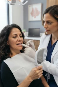 Dentista evaluando las encías de una paciente para determinar si necesita una limpieza dental profunda