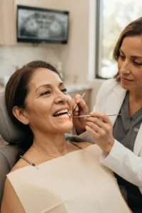 Dentista evaluando la boca de una paciente para elegir una prótesis dental