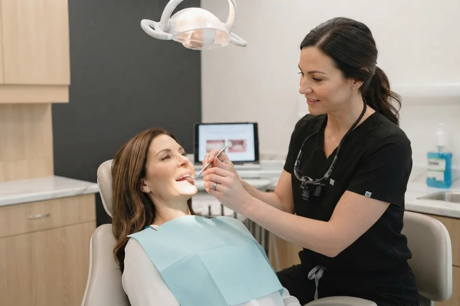 Dentista realizando una revisión dental a una paciente antes de un tratamiento de implantes dentales.