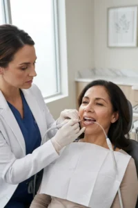 Profesional dental realizando una limpieza periodontal profunda en una paciente