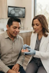 Dentista explicando las opciones de una prótesis parcial removible a una paciente