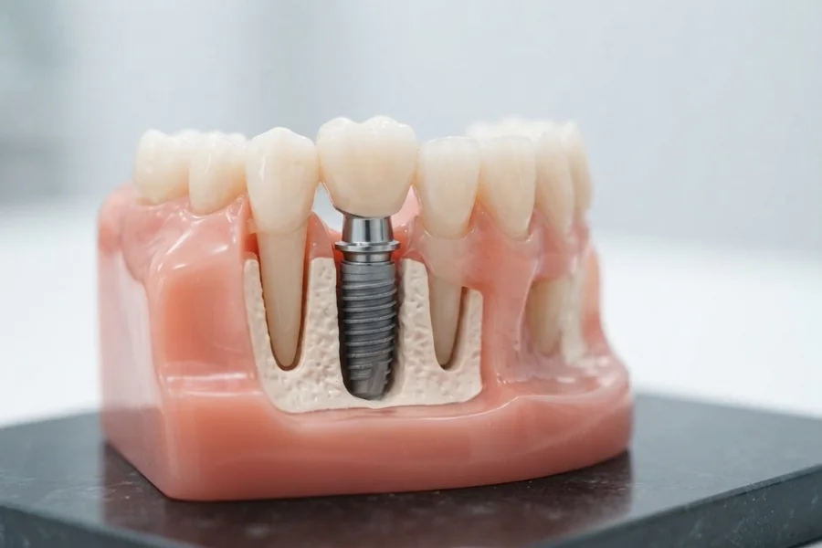 Modelo dental que muestra la estructura de un implante dental con corona y pilar de conexión.