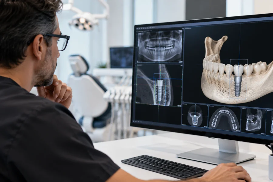 Odontólogo realizando el procedimiento de colocación de un implante dental.