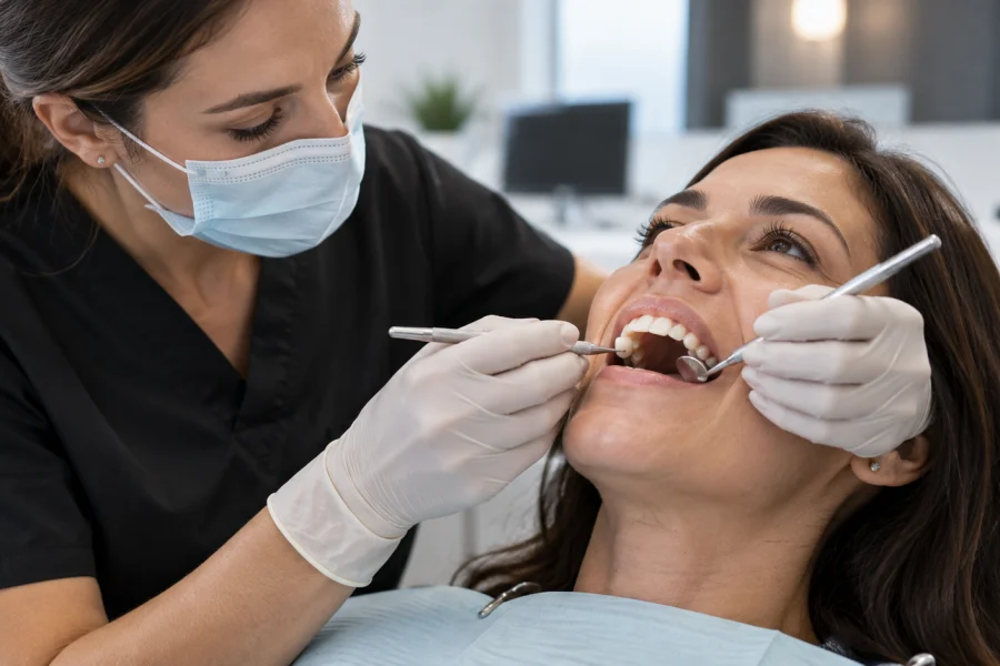 Dentista realizando el procedimiento de colocación de una corona dental a una paciente.