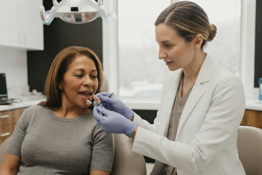 Odontóloga comprobando el ajuste de una prótesis dental parcial removible.