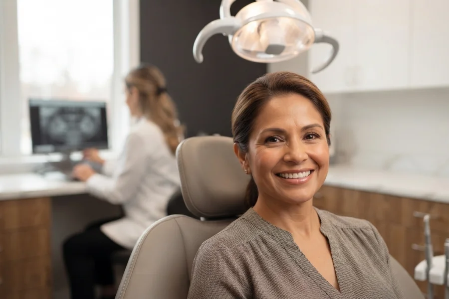 Paciente adulto sonriendo con naturalidad tras recuperar sus dientes con una prótesis dental.