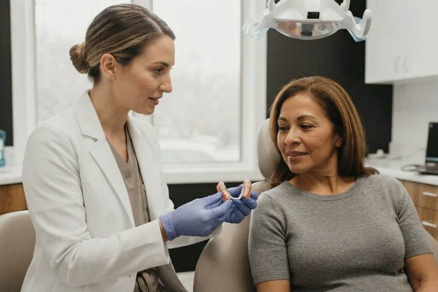 Odontóloga mostrando una prótesis dental parcial removible a una paciente.