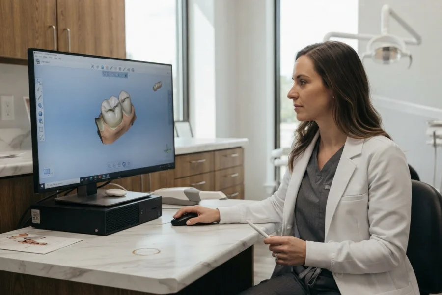 Odontólogo supervisando el diseño digital de una restauración dental mediante tecnología CAD/CAM.