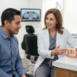Paciente hablando con su dentista sobre diferentes opciones de prótesis dental