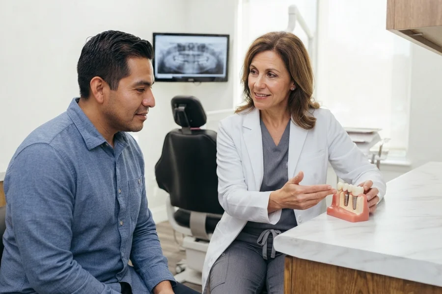 Paciente hablando con su dentista sobre diferentes opciones de prótesis dental