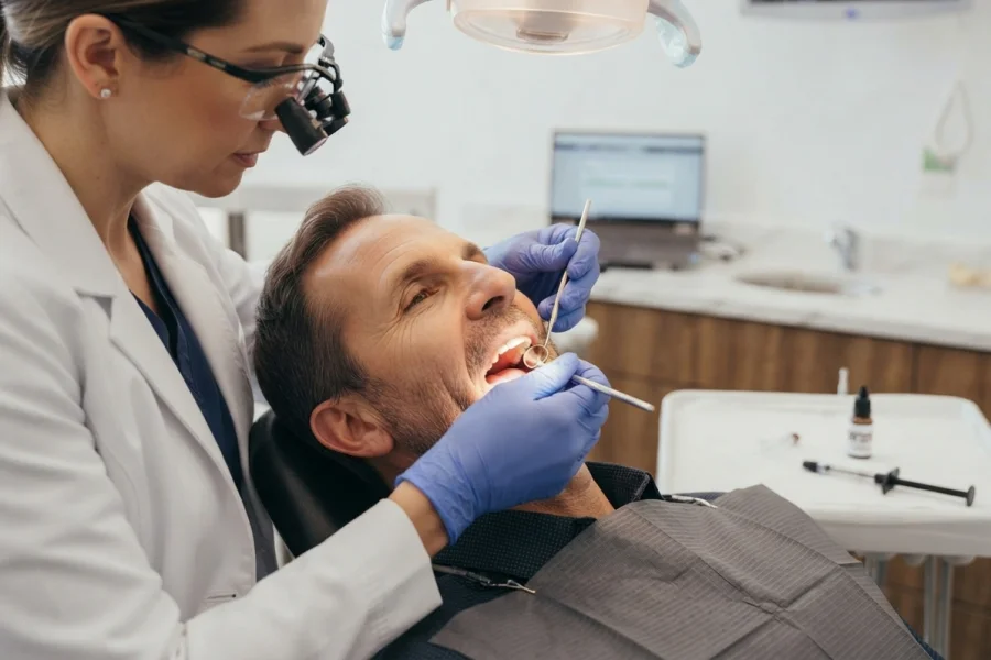Dentista realizando un tratamiento dental de urgencia a un paciente