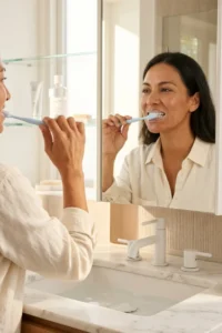 Mujer cepillándose los dientes como parte del cuidado diario de sus carillas dentales.