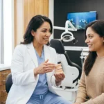 Dentista explicando a una paciente la duración y el cuidado de las carillas dentales.