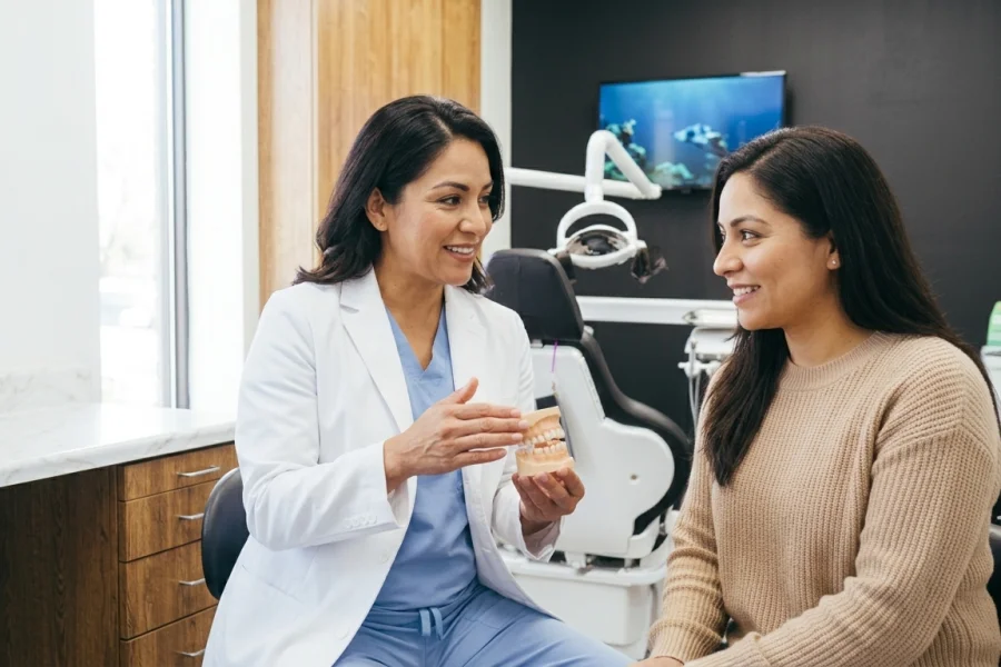 Dentista explicando a una paciente la duración y el cuidado de las carillas dentales.