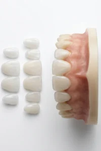 Carillas dentales de porcelana y restauraciones de composite sobre un modelo dental.