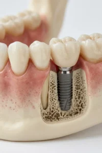 Modelo dental que muestra un implante colocado en el hueso y una corona que reemplaza un diente ausente.